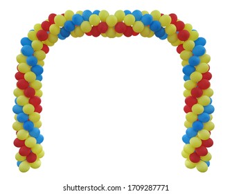 Event Arch Of Red, Green, Blue, Yellow Baloons Isolated Over White Background