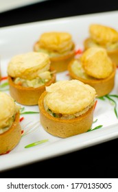 Event Passed Appetizer For Event Or Reception. Delicious Individual Bites Of Food For Party. Tasty Treats. Gourmet Food.  Mini Chicken Pot Pie. 