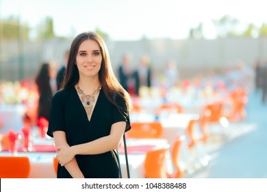 Event Planner PR Specialist Woman Organizing Outdoor Party. Professional Organizer Checking Final Retouches For Formal Reception 
