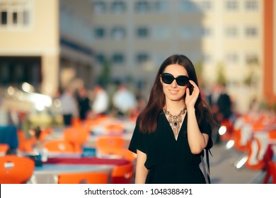 Event Planner PR Specialist Woman Organizing Outdoor Party. Professional organizer checking final retouches for formal reception
