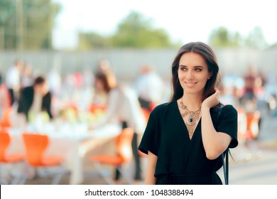 Event Planner PR Specialist Woman Organizing Outdoor Party. Professional organizer checking final retouches for formal reception