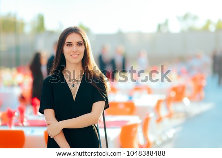 Event Planner PR Specialist Woman Organizing Outdoor Party. Professional organizer checking final retouches for formal reception 
