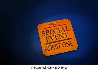 event ticket stub in spotlight, on blue