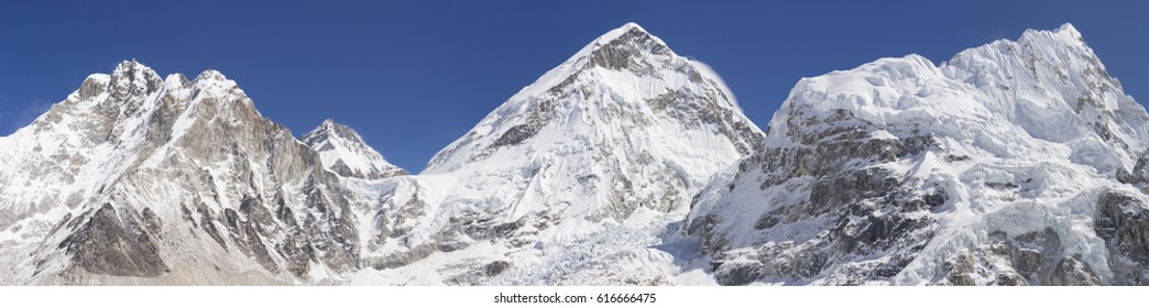 Everest base camp area panoramic view. Everest summit, Nuptse mount, Khumbu Icefall. 