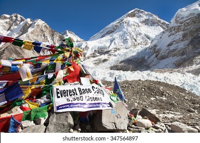 EVEREST BASE CAMP, NEPAL, 14th NOVEMBER 2014 - view from Mount Everest base camp with rows of buddhist prayer flags - sagarmatha national park, way to Everest base camp - Nepal