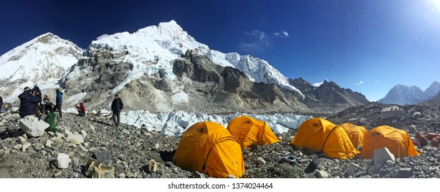 EVEREST BASE CAMP, NEPAL, 20 October 2018 - View from Mount Everest base camp, tents and prayer flags, sagarmatha national park, trek to Everest base camp - Nepal