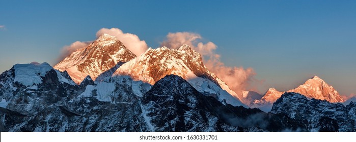 Everest mountain at sunset. Dramatic himalayan peaks. Everest, Lhotse, Nuptse and Makalu mountains. View from Gokyo Ri in Himalayas, Nepal. - Shutterstock ID 1630331701