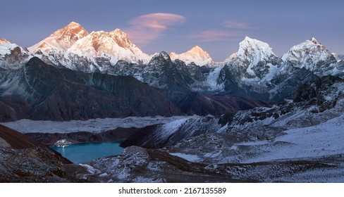 Everest, Niht view from Renjo pass to gokyo village and lake, mounts Everest, Lhotse and Makalu, Khumbu valley, Sagarmatha national park, nepalese Himalayas mountains - Shutterstock ID 2167135589