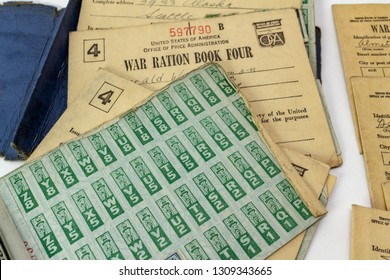 Everett, WA / USA - 01/17/2019:  WWII War Ration Stamp Books Issued By The United States Government For Citizens To Purchase Goods