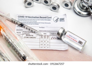 Everett, WA. USA - 02-05-2121 - CDC Covid-19 Vaccination Record Card Patient Given Moderna Vaccine