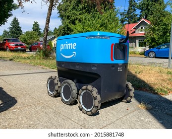 Everett, WA. USA - 07-28-2021: Amazon Prime Home Delivery Robot Navigating Sidewalk