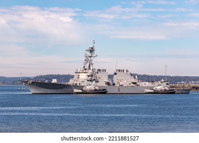 Everett, WA. USA - 08-29-2022: Navy Destroyer USS McCampbell Leaves Everett Naval Base