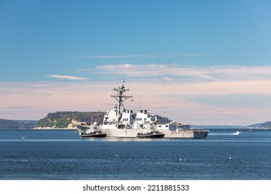 Everett, WA. USA - 08-29-2022: Navy Destroyer USS McCampbell Leaves Everett Naval Base