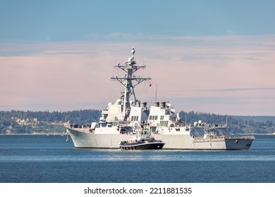 Everett, WA. USA - 08-29-2022: Navy Destroyer USS McCampbell Leaves Everett Naval Base