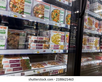 Everett, WA USA - Circa June 2022: Angled Selective Focus On Lean Cuisine Frozen Meals For Sale Inside A Fred Meyer Grocery Store