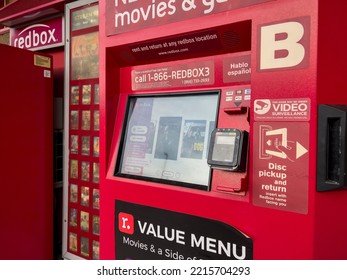 Everett, WA USA - Circa September 2022: Angled, Selective Focus Ona RedBox Dvd And Video Game Rental Kiosk.