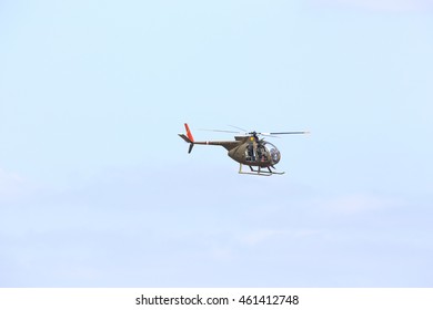 Everett, WA, USA - July 30, 2016: A Hughes OH-6 Cayuse Helicopter Was Seen Flying Over Everett Paine Field.