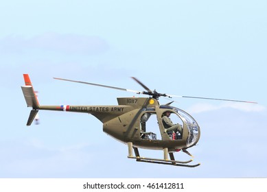 Everett, WA, USA - July 30, 2016: A Hughes OH-6 Cayuse Helicopter Was Seen Flying Over Everett Paine Field.