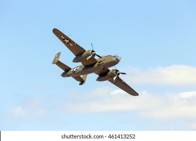 Everett, WA, USA - July 30, 2016: A North American B-25J Mitchell bomber was seen flying over Everett Paine Field.