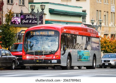 Everett, WA, USA - October 18, 2021; Everett Transit Electric Bus By Proterra.  The Zero Emission Vehicle On Providing Service On An Urban Street