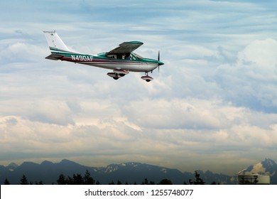 EVERETT, WAS, USA - JUNE 2018: Cessna 177 Cardinal Fixed Wing Light Aircraft Coming Into Land At Everett.