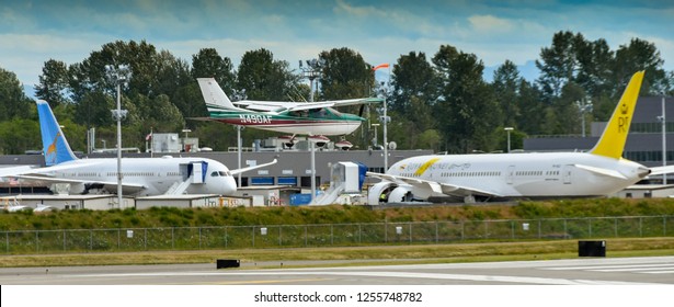 EVERETT, WAS, USA - JUNE 2018: Cessna 177 Cardinal Fixed Wing Light Aircraft Landing At Everett.