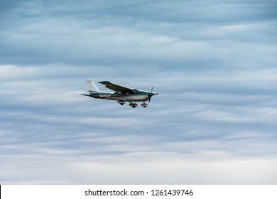 EVERETT, WAS, USA - JUNE 2018: Cessna 177 Cardinal Fixed Wing Light Aircraft Coming Into Land At Everett.