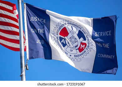 Everett, Washington / USA - March 9 2020: IAM Flag For The Aerospace Machinists Union At The District 751 Office