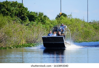 Everglades, Florida, U.S.A - December 31, 2019 - An Airboat Carrying Passengers On The Swamp