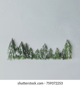 Evergreen Pine Forest Treeline Made Of Tree Branches And Snow. Minimal Winter Nature Concept. Flat Lay.