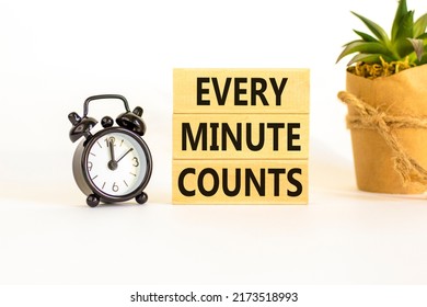 Every minute counts symbol. Concept words Every minute counts on wooden blocks on a beautiful white table white background. Black alarm clock. Business, motivational and every minute counts concept.