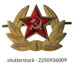 Everyday cockade of the Soviet soldier of the 1969 model. It was fastened to the band of a military cap and earflaps with the help of a collet fastener. Isolated on white with clipping path
