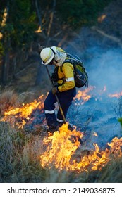 Everyday heroism. Shot of fire fighters combating a wild fire.