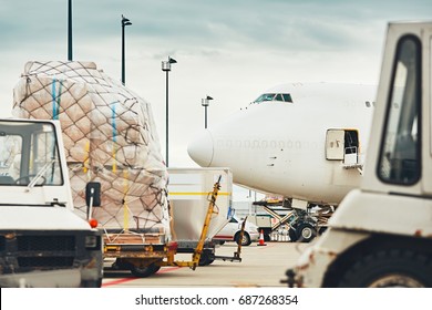 Everyday Life At The International Airport. Loading Of The Cargo Airplane. 