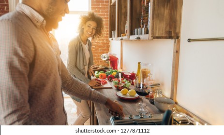 Everyday Life Of Millennial Couple. African-american Man And Woman Preparing Lunch In Kitchen Together, Panorama, Copy Space