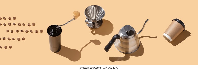Everything you need for making coffee shot in isometry, grains, coffee grinder, funnel v60, kettle, cup on a beige background, hard trend light - Shutterstock ID 1947014077