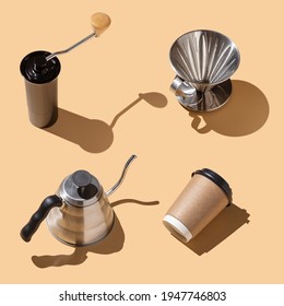 Everything you need for making coffee shot in isometry, coffee grinder, funnel v60, kettle, cup on a beige background, hard trend light - Shutterstock ID 1947746803