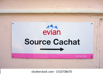 EVIAN-LES-BAINS, FRANCE -26 JUN 2019- View of the landmark Source Cachat, spring for the Evian mineral water in the town of Evian-les-Bains, Haute-Savoie, France.