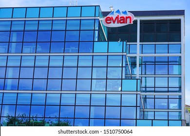 EVIAN-LES-BAINS, FRANCE -26 JUN 2019- View of the headquarters building of Evian mineral water, a subsidiary of Danone, in Evian-les-Bains, Haute-Savoie, France.
