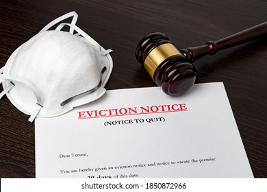 Eviction Notice Document With Gavel And N95 Face Mask. Concept Of Financial Hardship, Housing Crisis And Mortgage Payment Default During Covid-19 Coronavirus Pandemic.