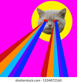 Evil Cat With Rainbow Lasers From Eyes. Minimal Collage Fashion