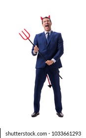 Evil Devil Businessman With Pitchfork Isolated On White Backgrou