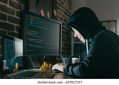 evil man hacker looking at computer online system and using keyboard typing data virus into global online personal information steal bitcoin gold