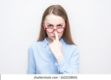 Evil Teacher Looks At You And Wears Glasses, Portrait, White Background