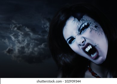 Evil Vampire Woman Beautiful Halloween Over Night Background