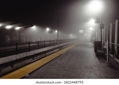 An evocative scene at a misty train platform, marked by soft ambient lights and visible train signs, generating an atmosphere of mystery and anticipation for onlookers.