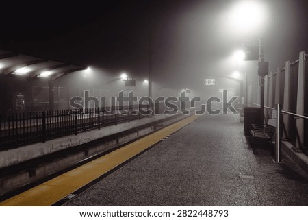 An evocative scene at a misty train platform, marked by soft ambient lights and visible train signs, generating an atmosphere of mystery and anticipation for onlookers.