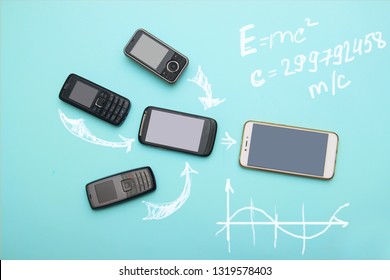 evolution of cell phones. Technology development telephone and pda concept. Vintage and new phones. Top view. Telephone communication progress, mobile classic device charts, arrows, text around