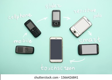 evolution of cell phones. Technology development telephone and pda concept. Vintage and new phones. Top view. Telephone communication progress, mobile classic device charts, arrows, text around