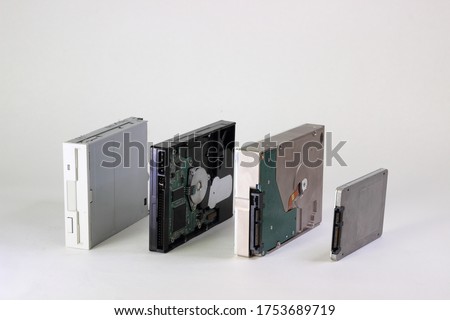 The evolution of personal computer storage devices and interfaces technology. From FDD or floppy disk drive to SSD or solid state drive. Data backup concept